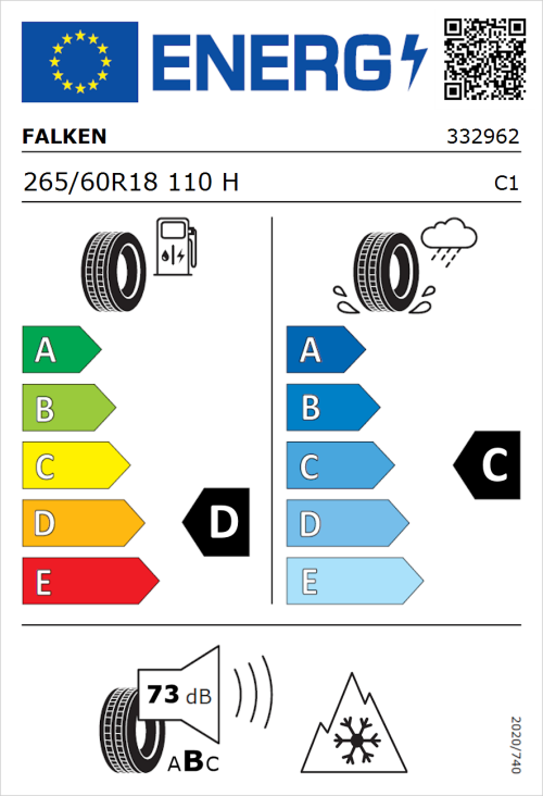 Tyre Label for Falken Wildpeak A/T AT3WA 265/60R18 110H