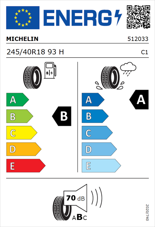 Tyre Label for Michelin Primacy 4 245/40R18 93H