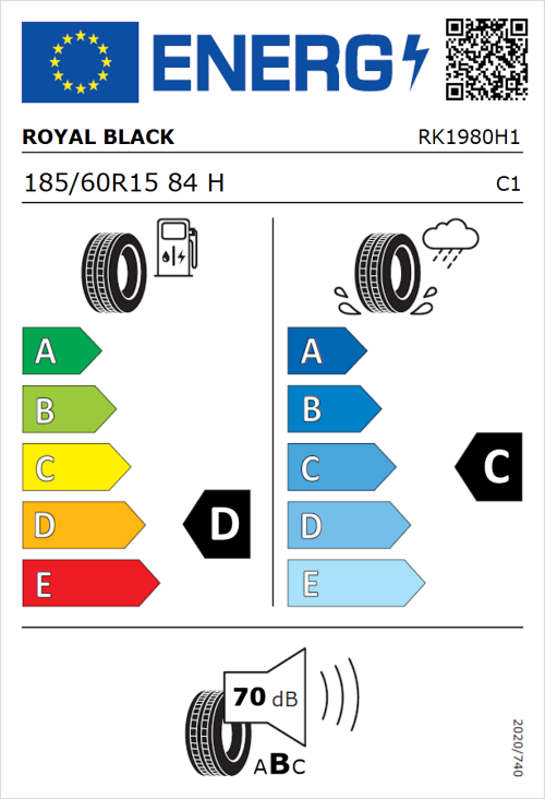 Tyre Label for Royal Black Royal Mile 185/60R15 84H