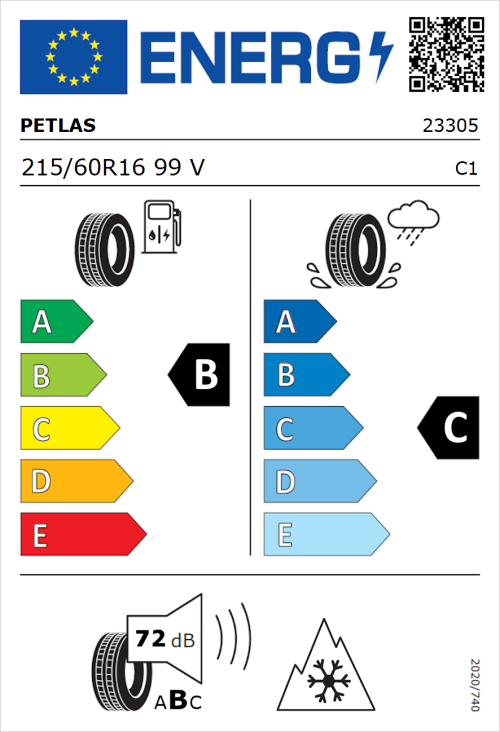Tyre Label for Petlas Multi Action PT565 215/60R16 99V