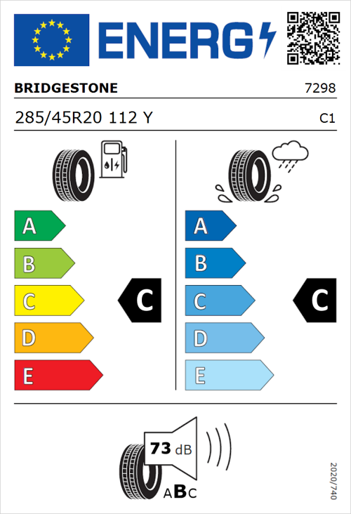 Tyre Label for Bridgestone Dueler H/P Sport 285/45R20 112Y