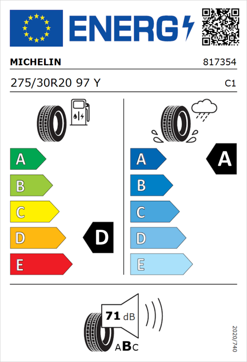 Tyre Label for Michelin Pilot Sport 4 S 275/30R20 97Y